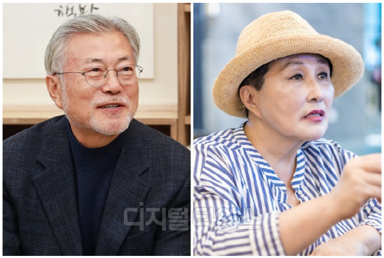 문재인 전 대통령과 전여옥(오른쪽) 전 국회의원. <문재인 전 대통령 페이스북 사진·디지털타임스 DB 사진 갈무리>